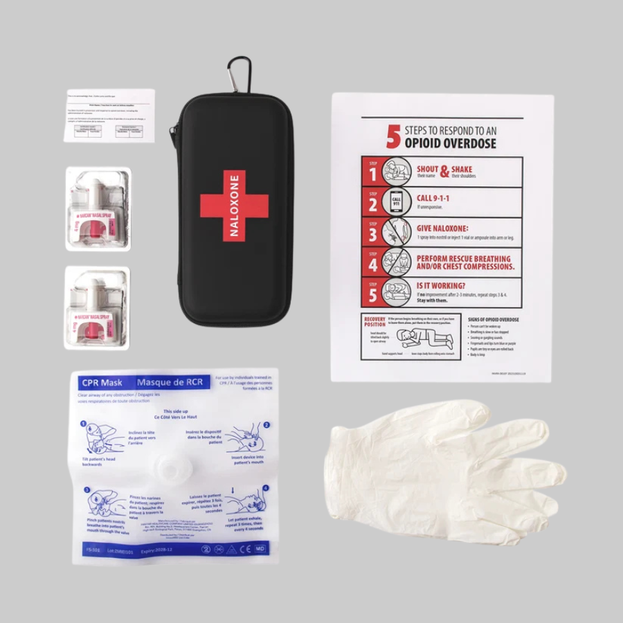 NARCAN Naloxone Nasal Spray 4mg Kit Contents - Action First Aid
