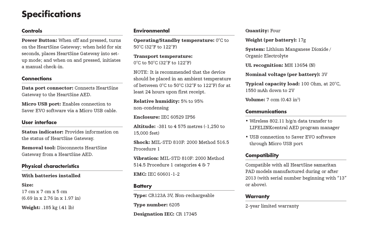 Heartsine Samaritan Gateway Aed Specifications - Action First Aid